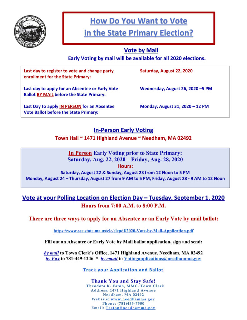 Apply to Vote by Mail by August 26, 2020 – My Town: Needham, MA